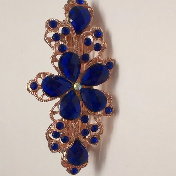 Gold with Blue Floral Rhinestones Hair Clip - Picture 2 of 3